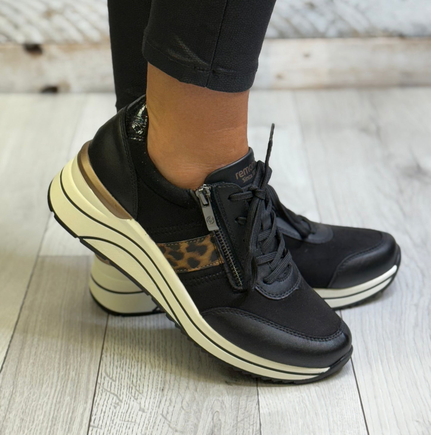 Remonte - Black/Animal Detail Leather Trainer