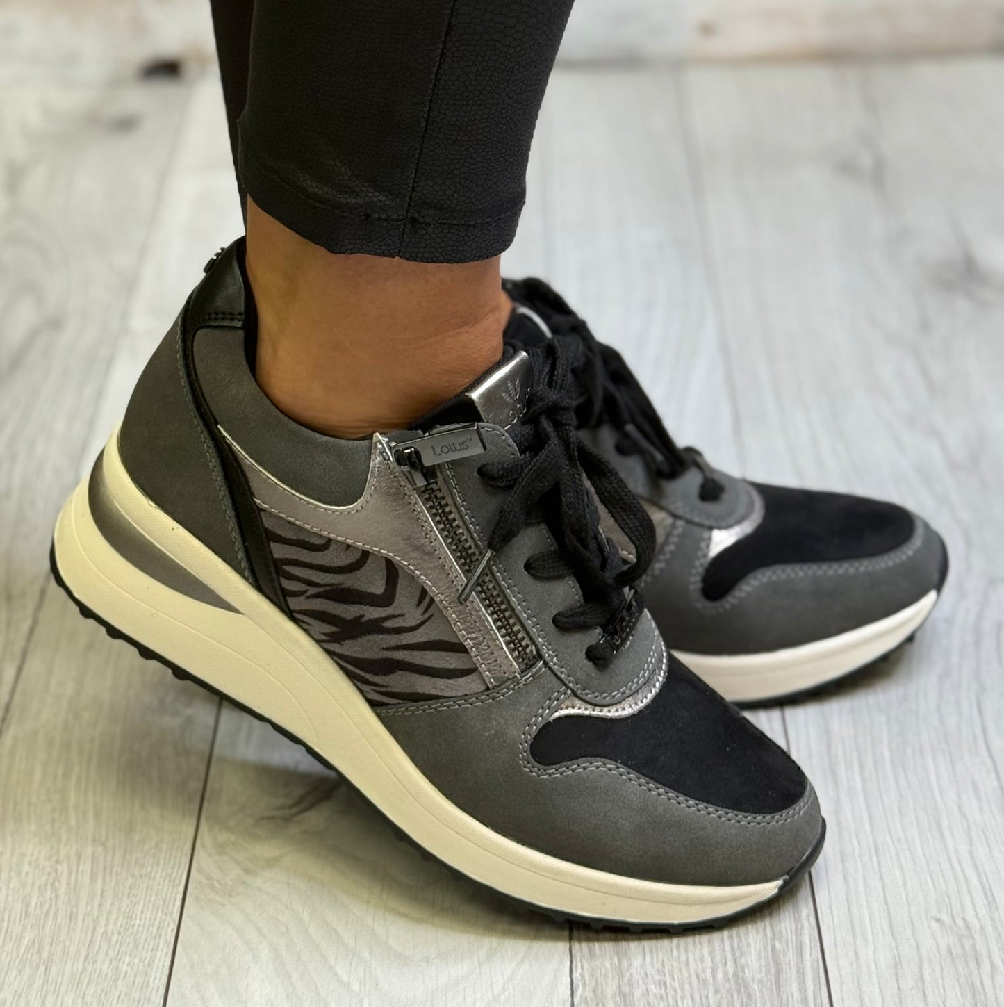 Lotus - 'Moore' Grey Zebra Print Wedge Trainer