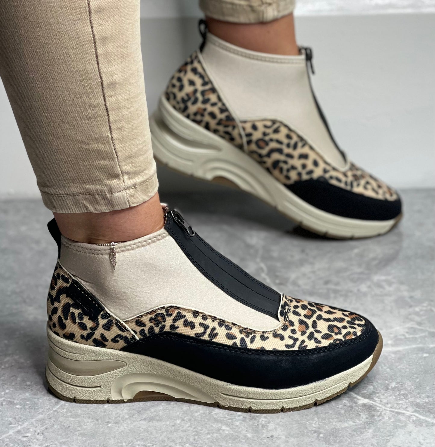 Rieker - Beige/Animal Print Front Zip Sock Trainer Boot
