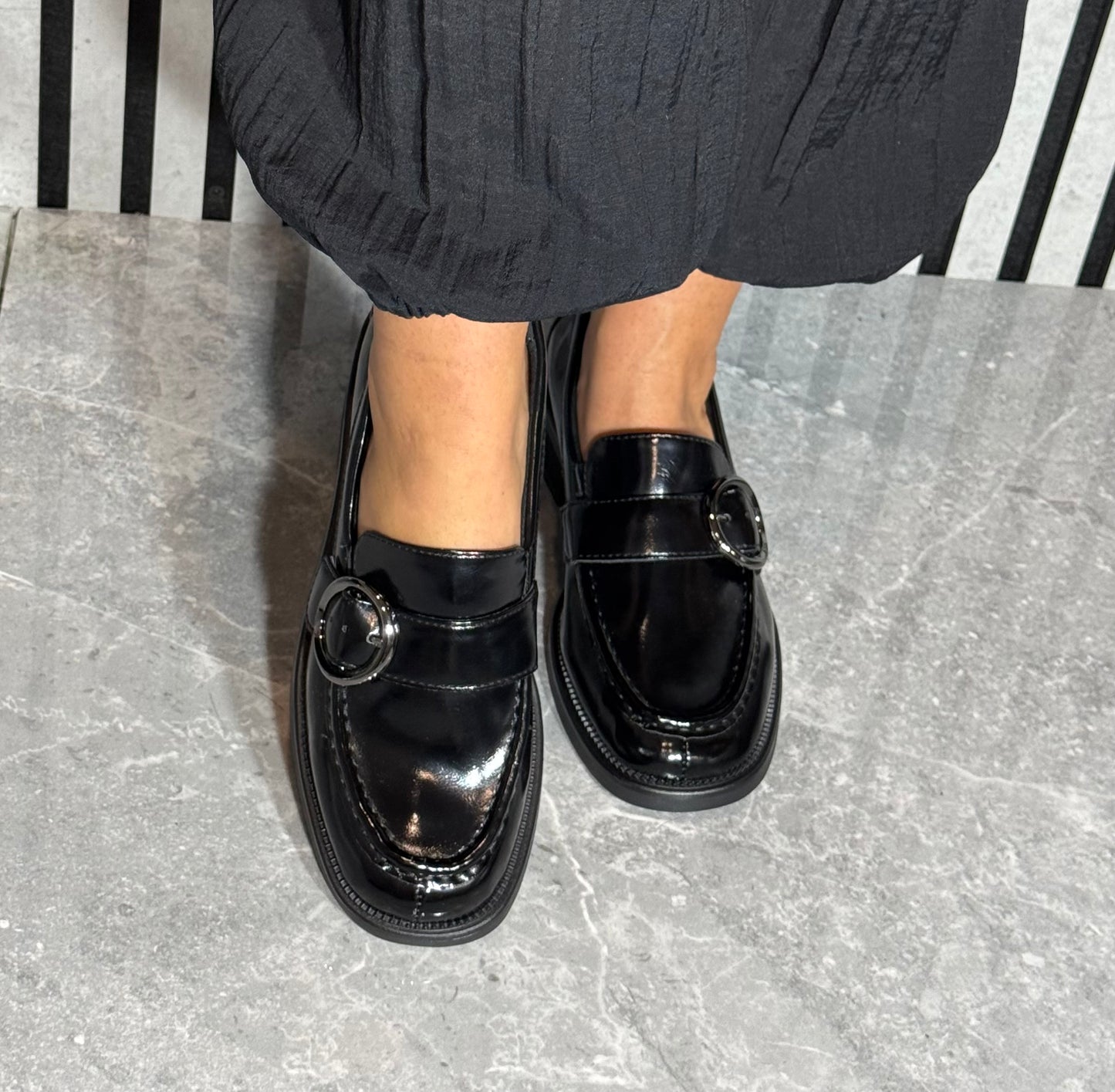 Tamaris Comfort - Black Patent Buckle Detail Loafer