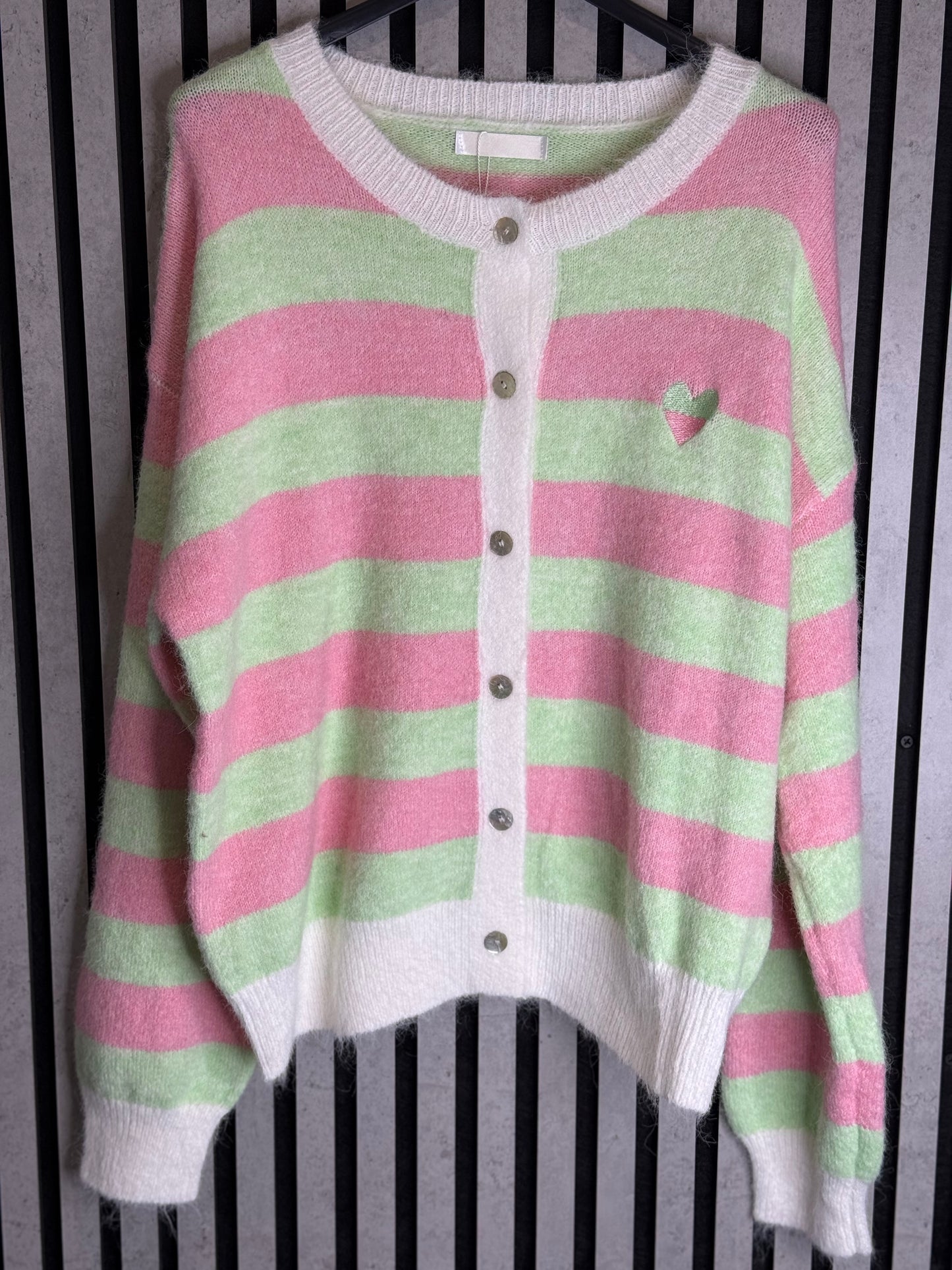 Mint/Pink Heart Detail Stripe Cardigan.