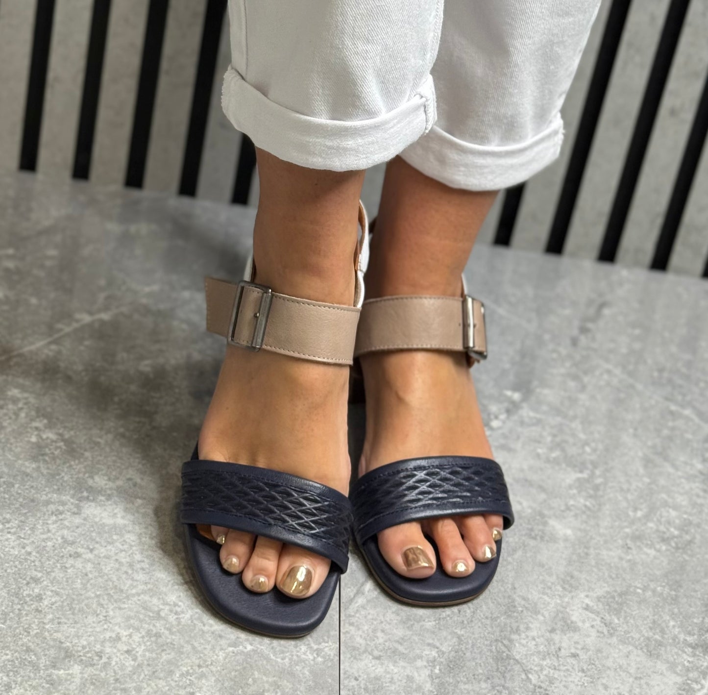 Modella - ‘Elsie' Navy/Taupe Leather Sandal