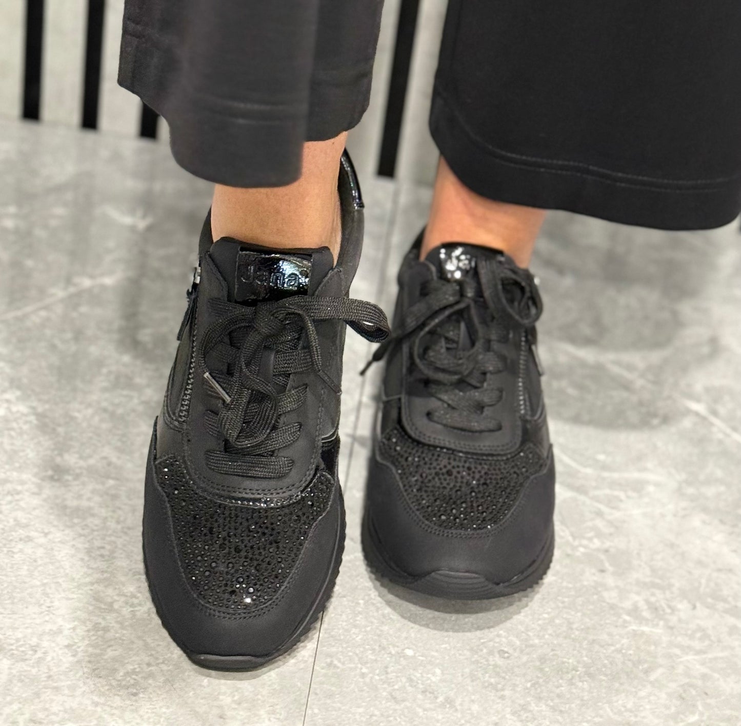 Jana - Black Glitter Side Zip Trainer