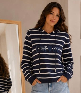 Navy ‘L’armour’ stripe knitted hoodie