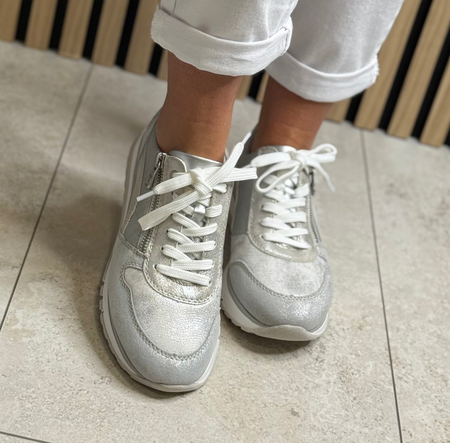 Rieker - Silver Combo Side Zip Leather Trainer