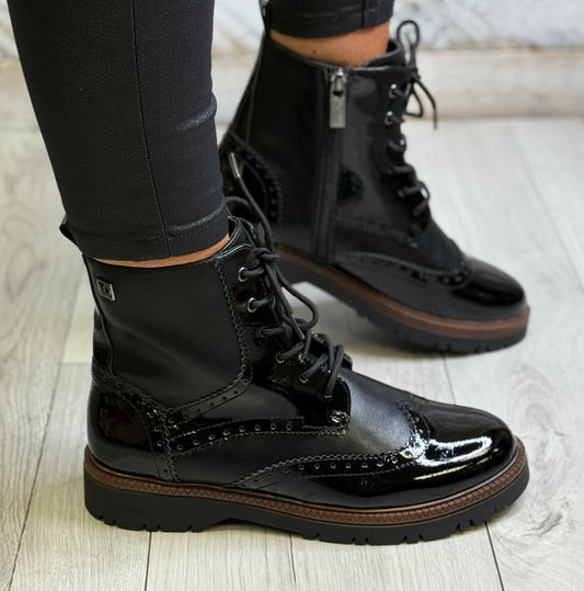 S Oliver - Black Patent Combo Brogue Boot