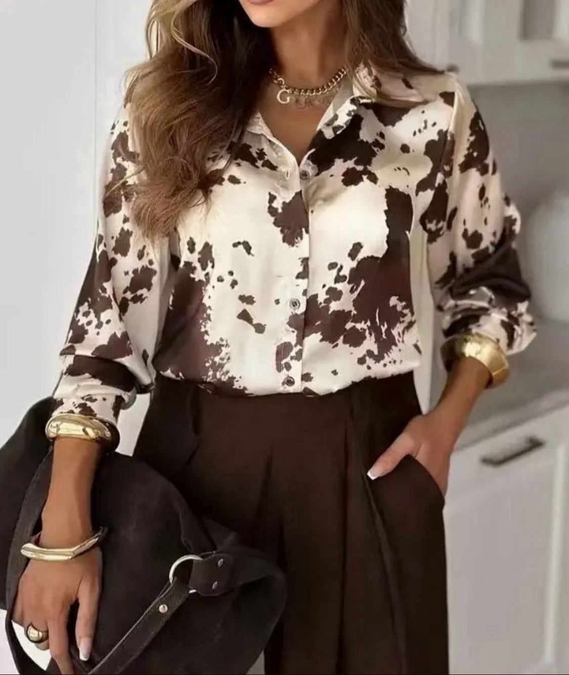 Brown Mix Cow Print Blouse