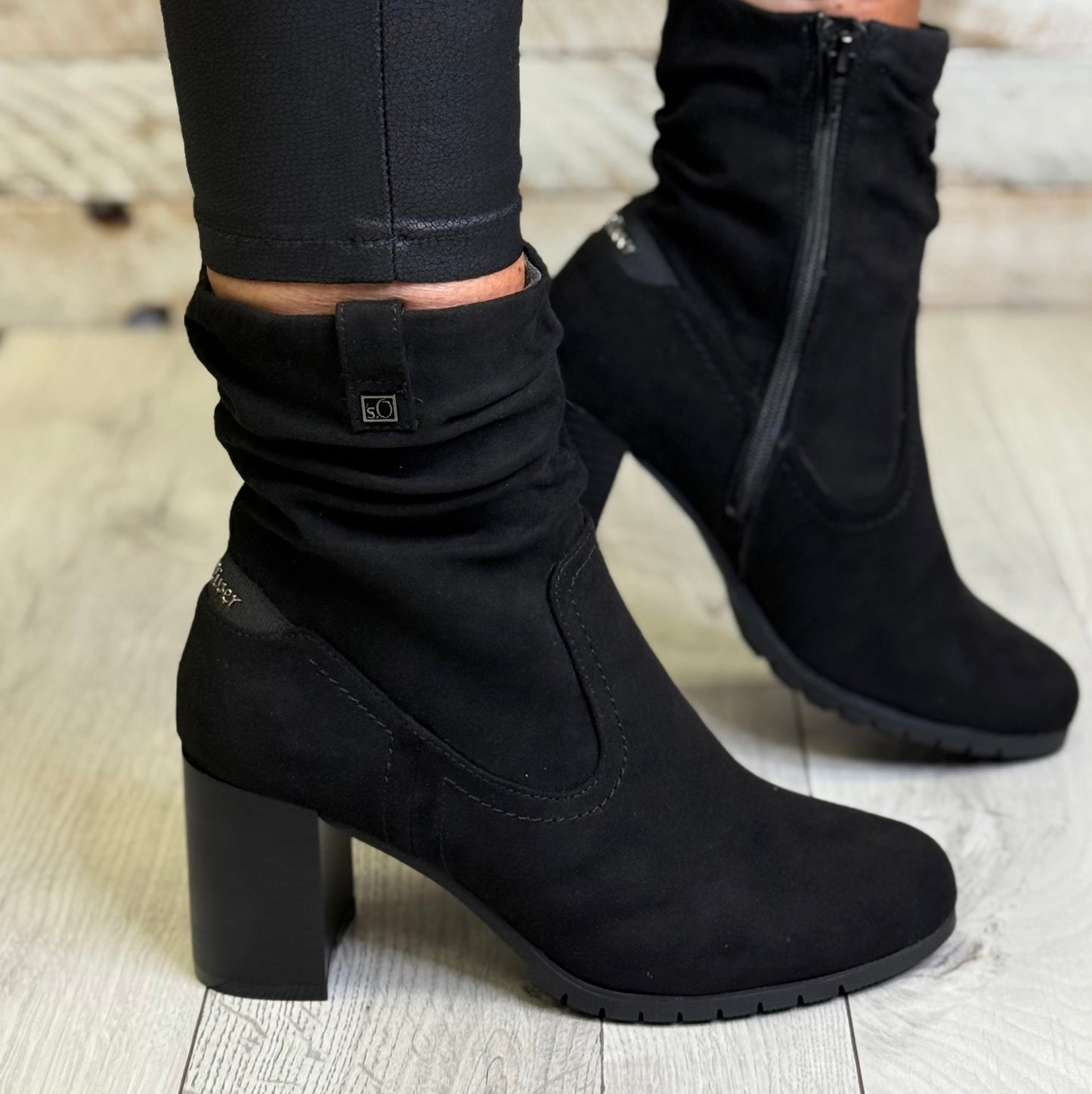 S Oliver - Black Faux Suede Ruched Block Heel Boot