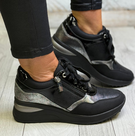 Lotus - 'Pluto' Black Wedge Trainer