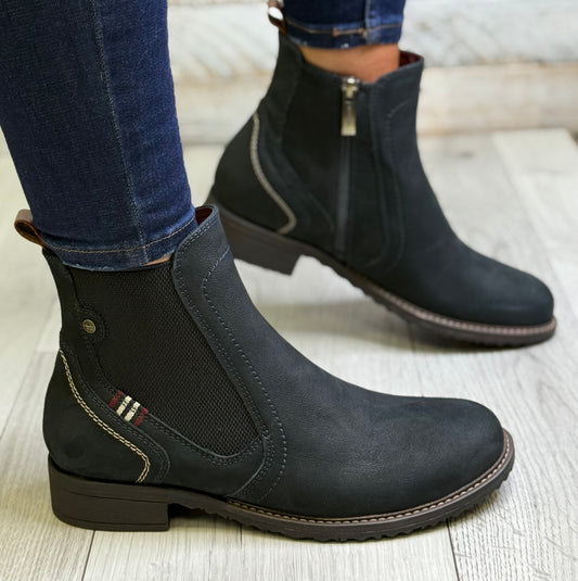 Tamaris - Navy Leather Gusset Detail Boot