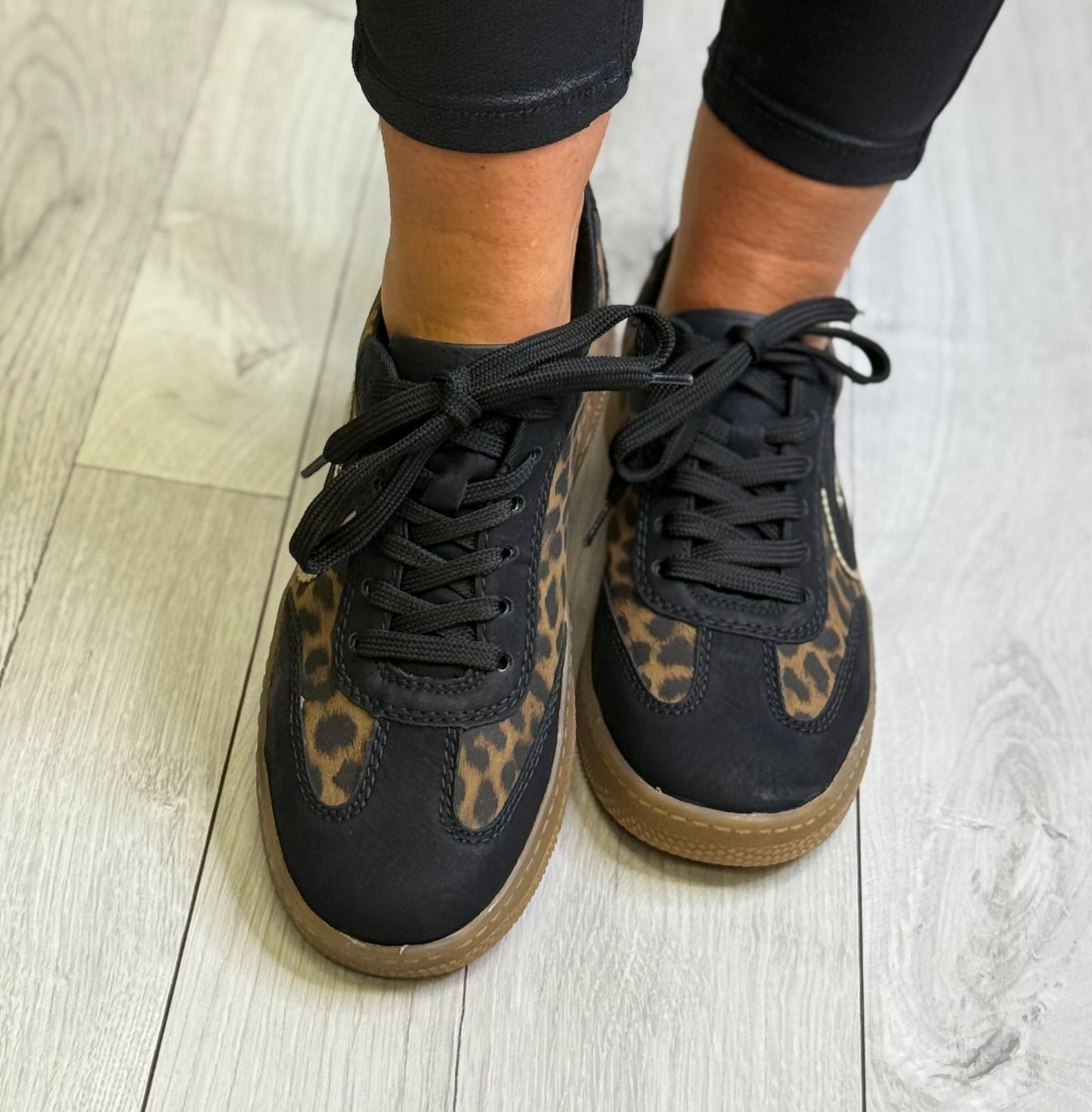 Rieker - Black/Animal Print Gum Sole Trainer