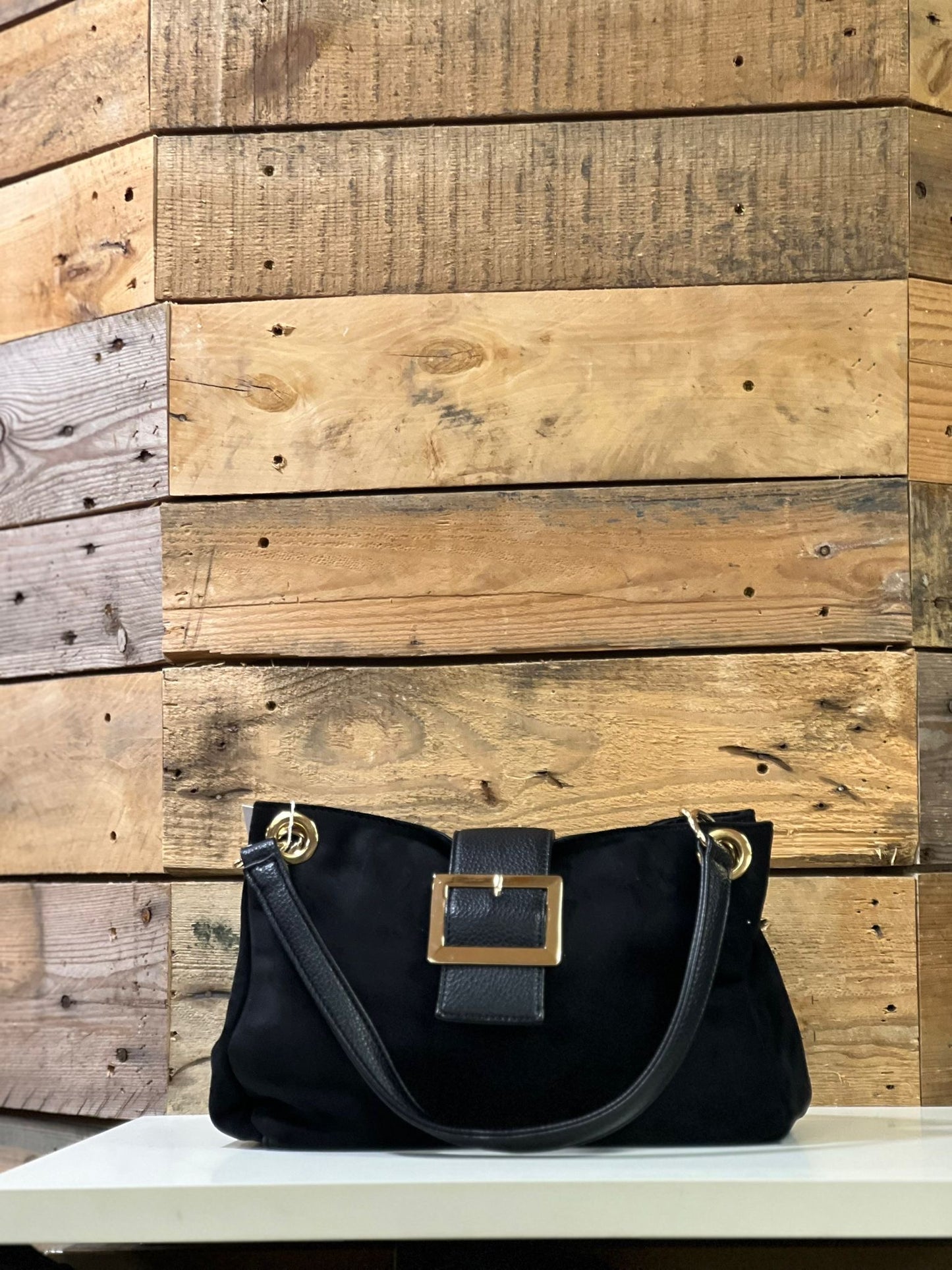 hannah k - 'Ciara' Black Faux Suede Buckle Bag