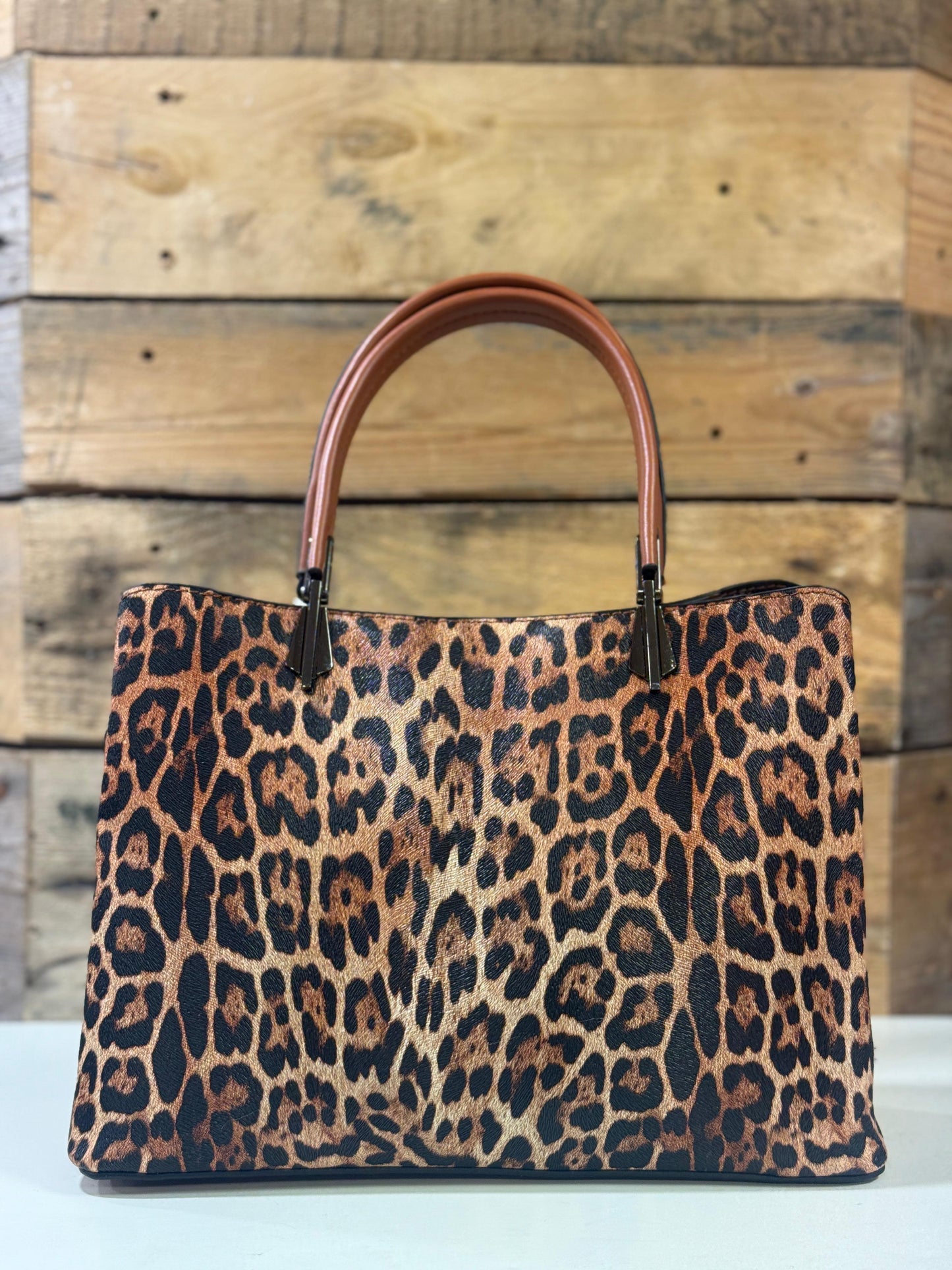 hannah k - 'Victoria' Tan Leopard Combo Handbag