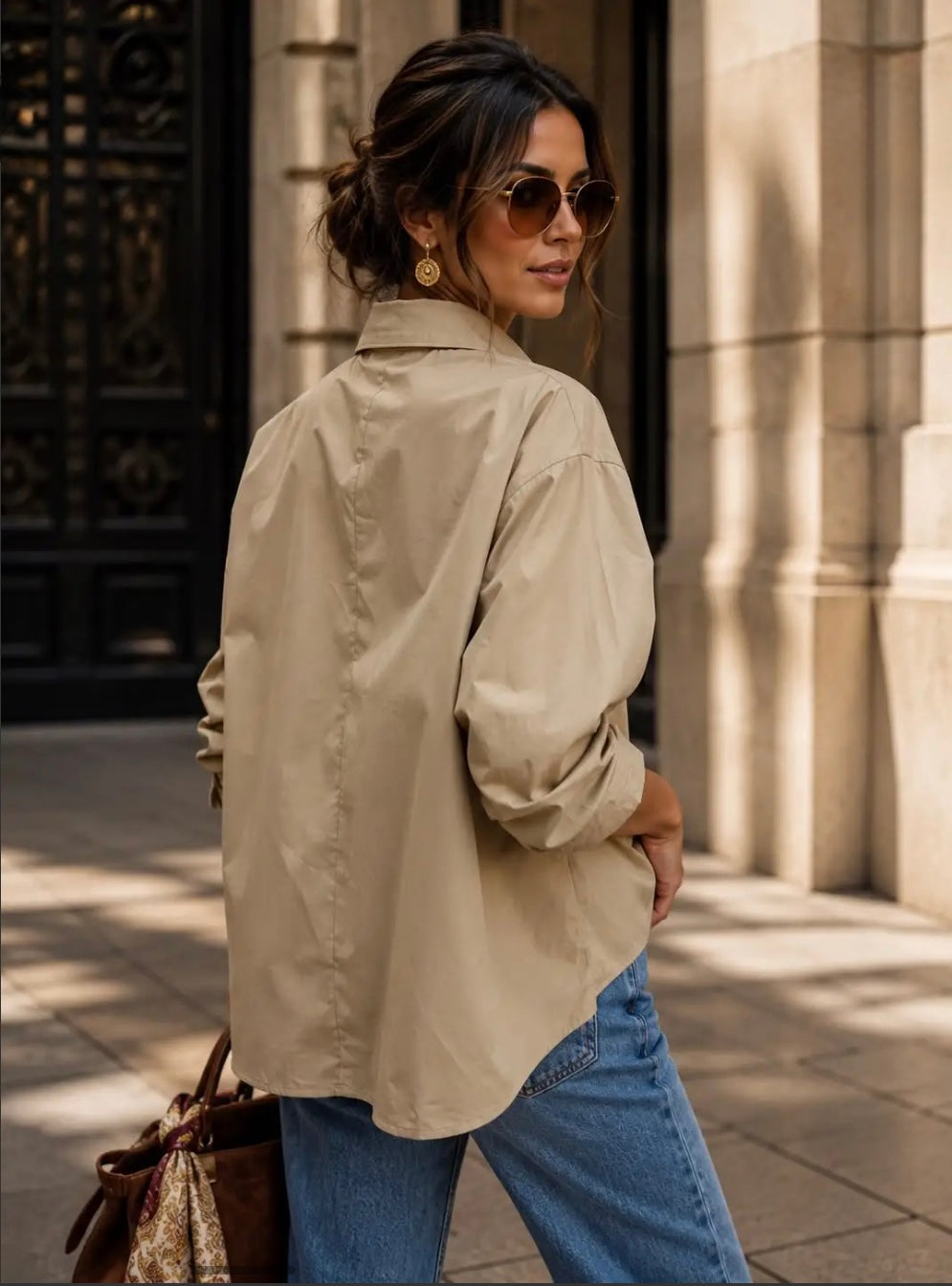 Taupe Oversized Floral Embroidered Shirt