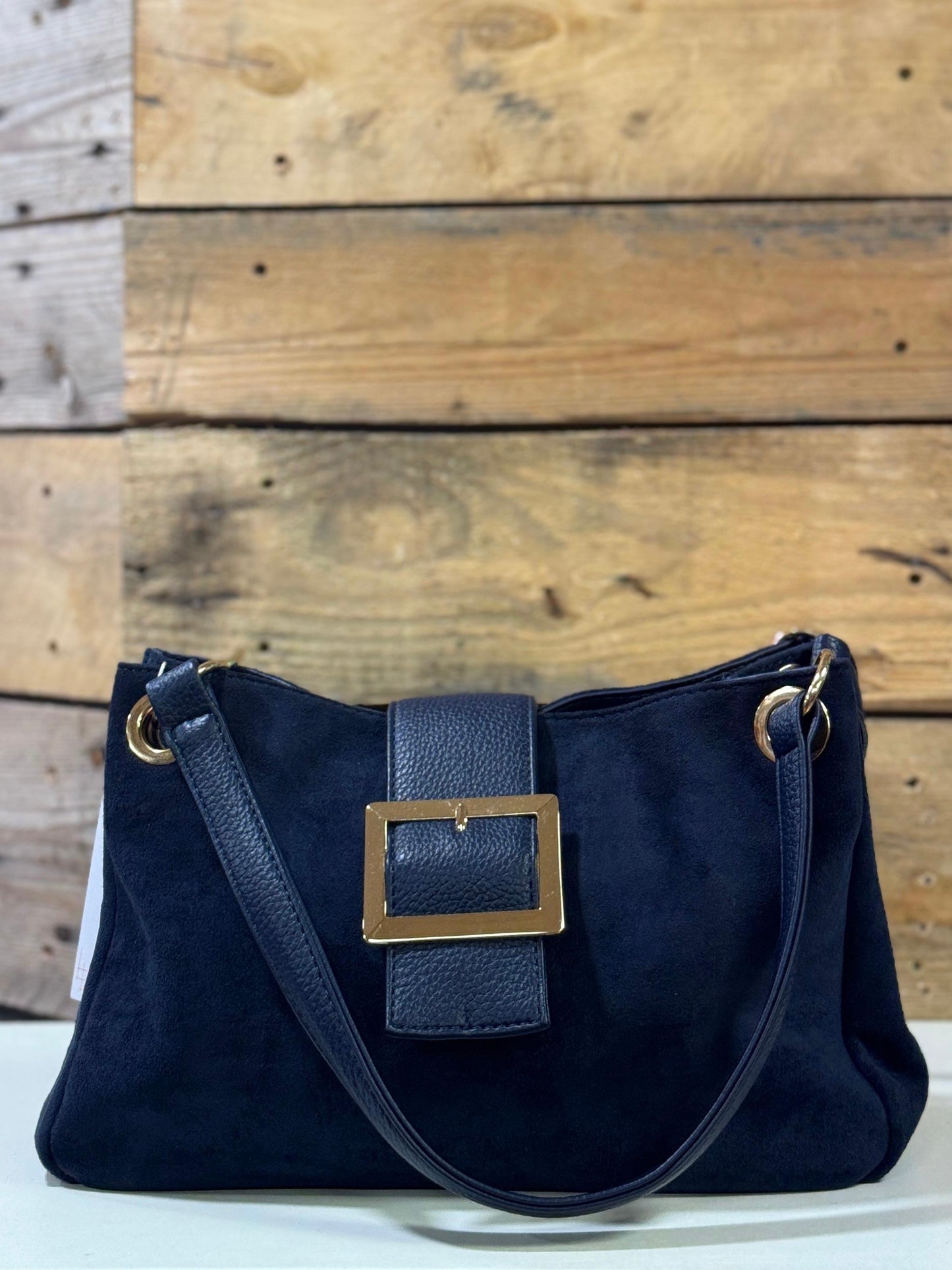 hannah k - 'Ciara' Navy Faux Suede Buckle Bag