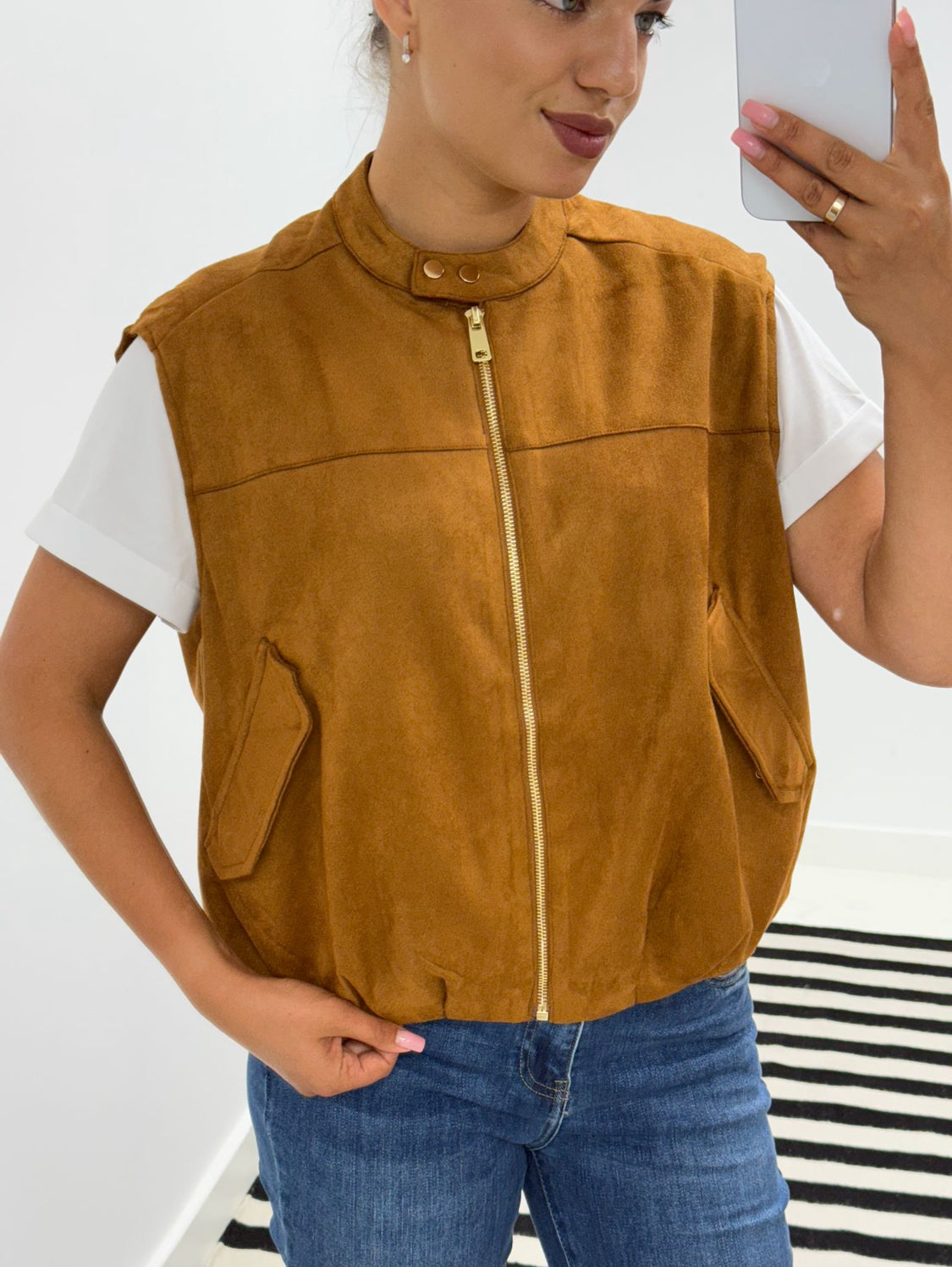 Tan Faux Suede Sleeveless Bomber.