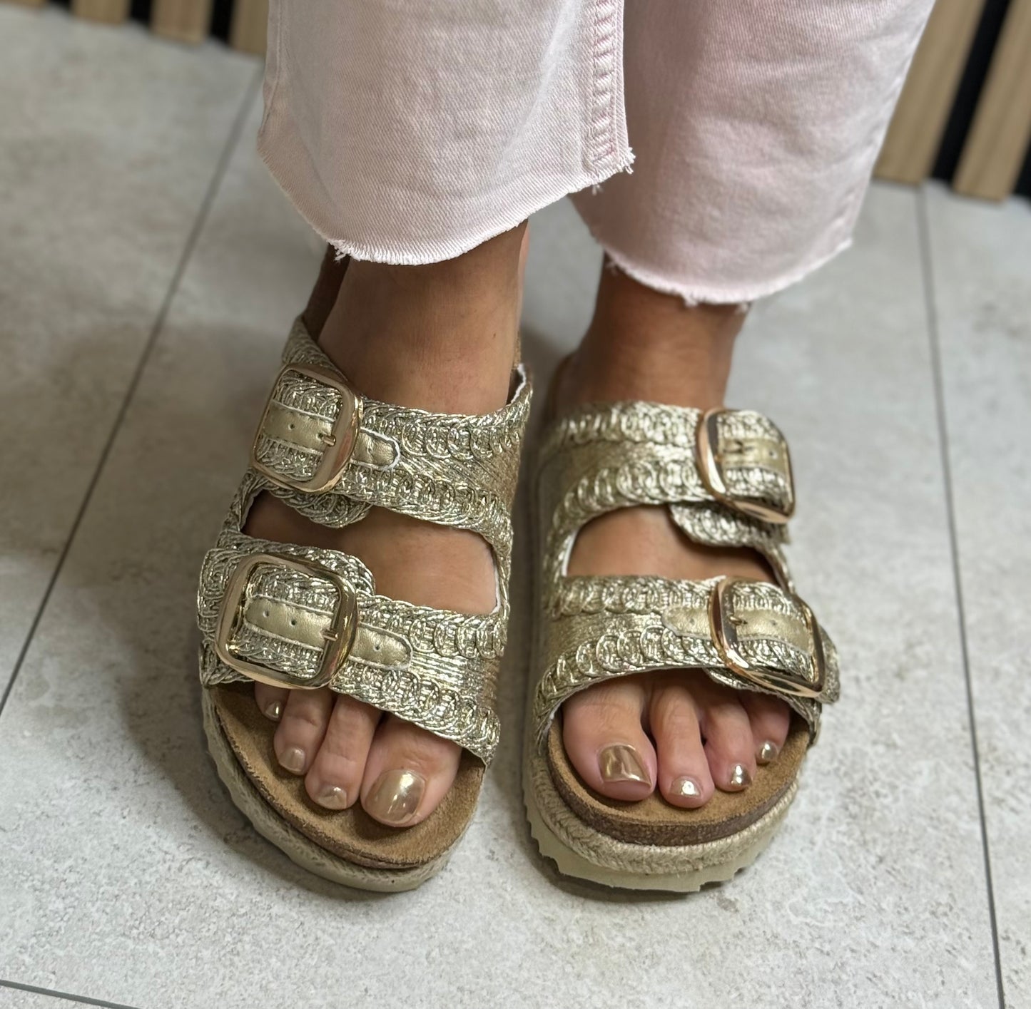 Xti - Gold Metallic Double Buckle Slider Sandal (145072)