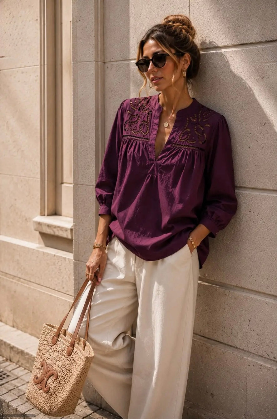 Plum Openwork Embroidery Blouse