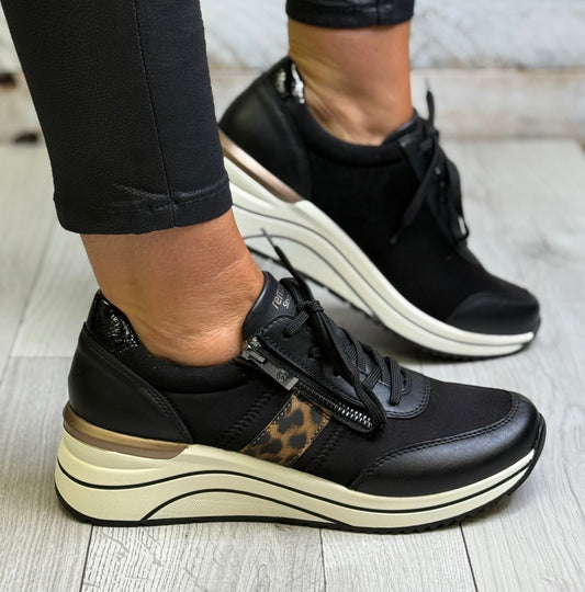 Remonte -  Black/Animal Detail Leather Trainer