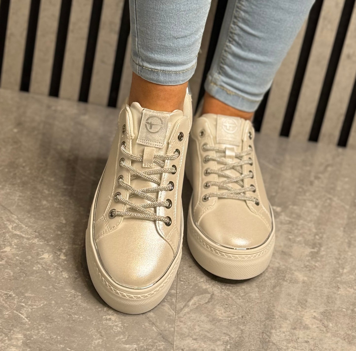 Tamaris - White Pearl Metallic Slip On Trainer