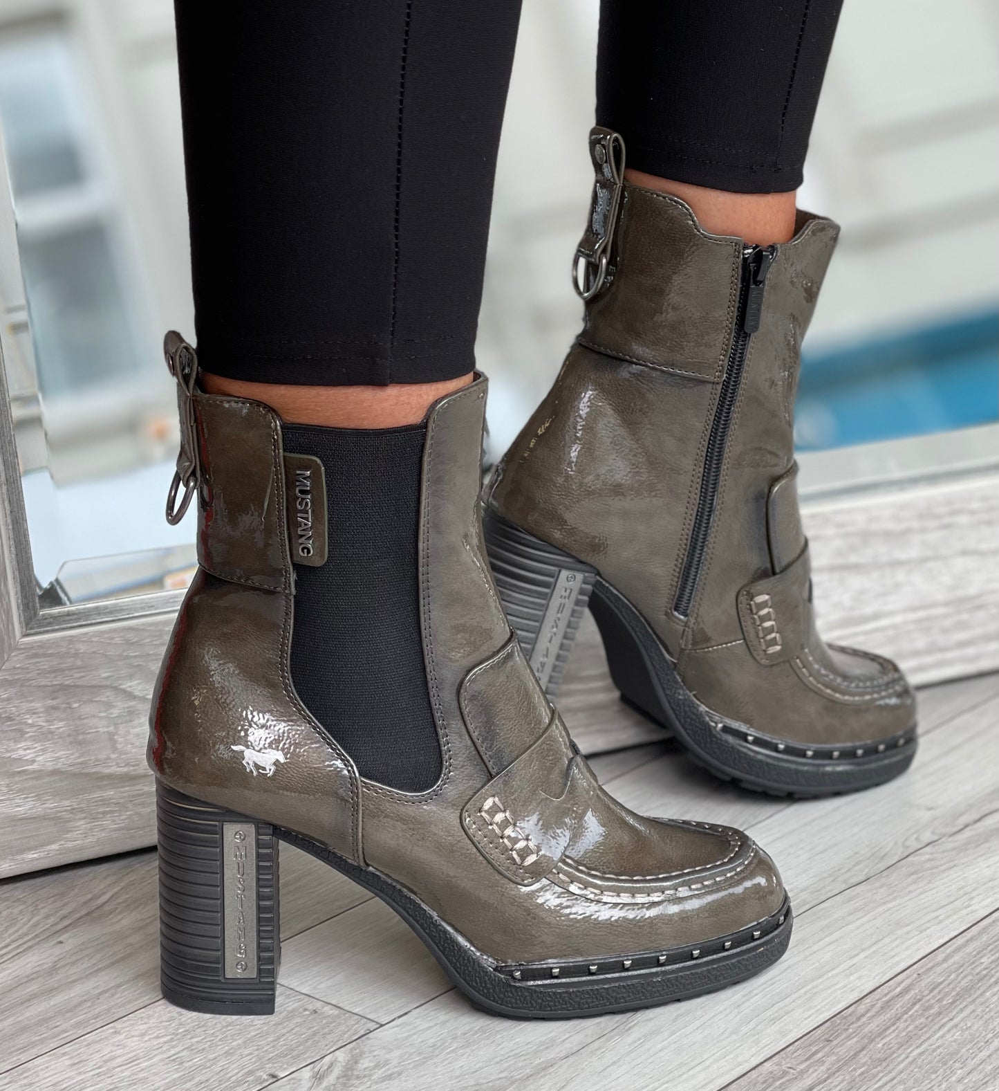 Mustang - Green Metallic Patent Block Heel Boot