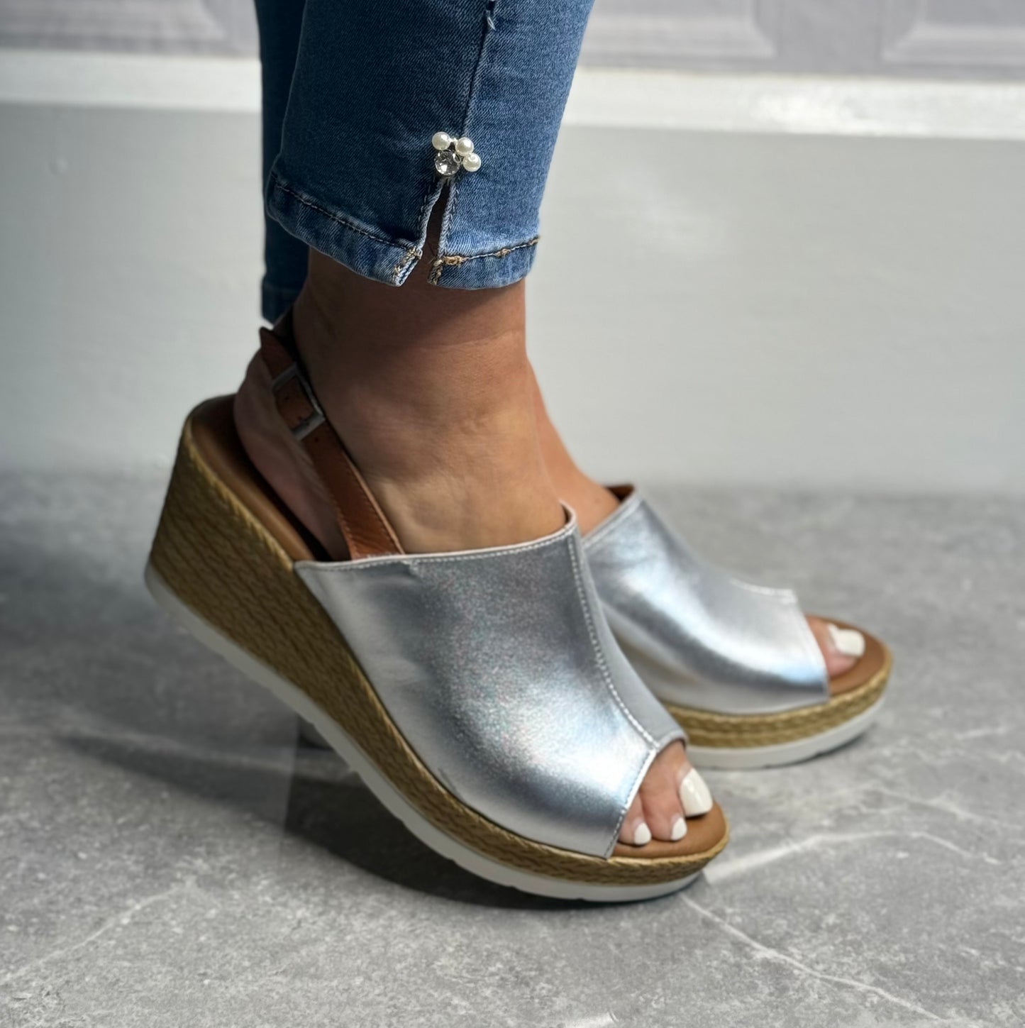 Shoozy - 'Naomi' Silver Leather Wedge Sandal