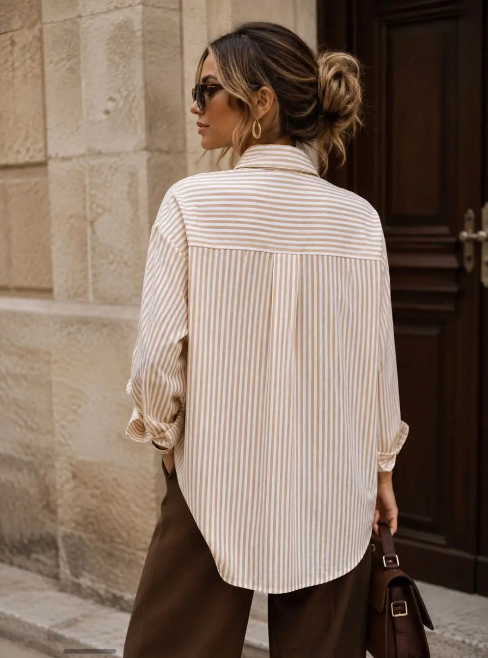 Taupe Striped Top Oversized Shirt