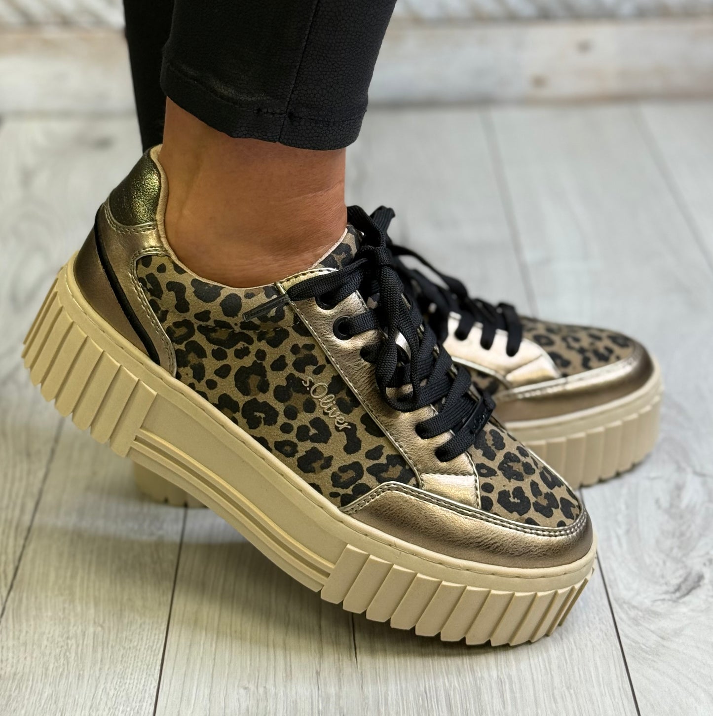 S Oliver - Gold/Leopard Platform Trainer
