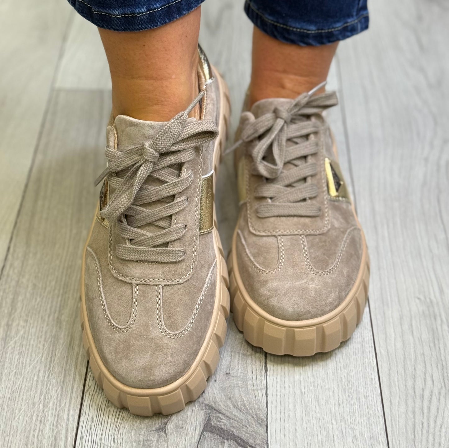 Kate Appleby - ‘Severn' Taupe/Gold Combo Trainer