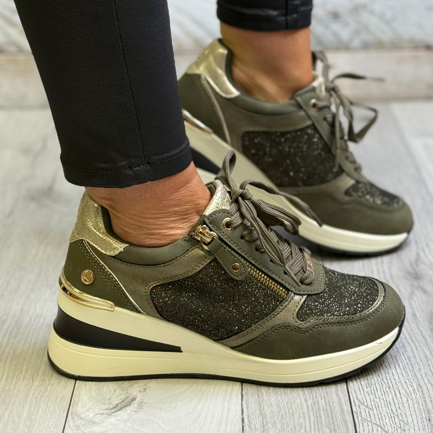Xti - Khaki Green Glitz Wedge Trainer (144379)