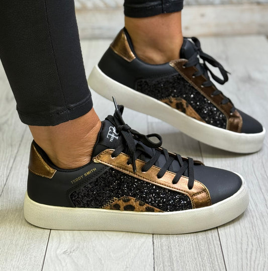 Teddy Smith - Black/Rose Gold Glitz Leather Trainer