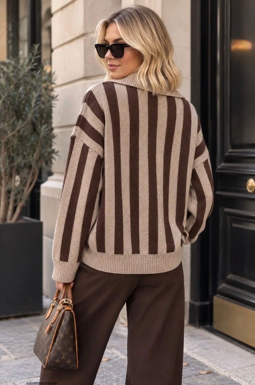 Taupe/Brown Striped Polo Knit