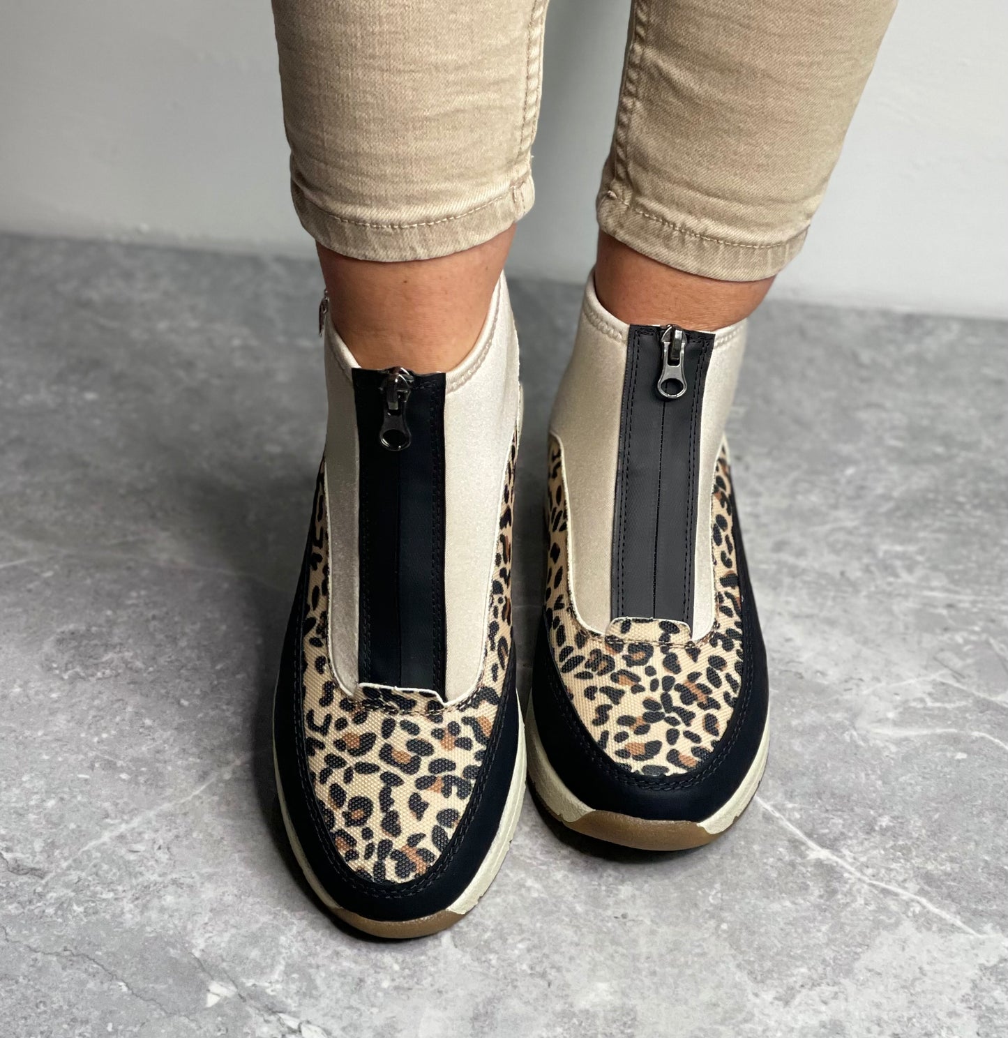 Rieker - Beige/Animal Print Front Zip Sock Trainer Boot