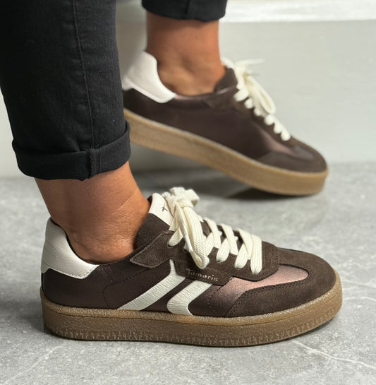 Tamaris - Brown Metallic Gum Sole Leather Trainer