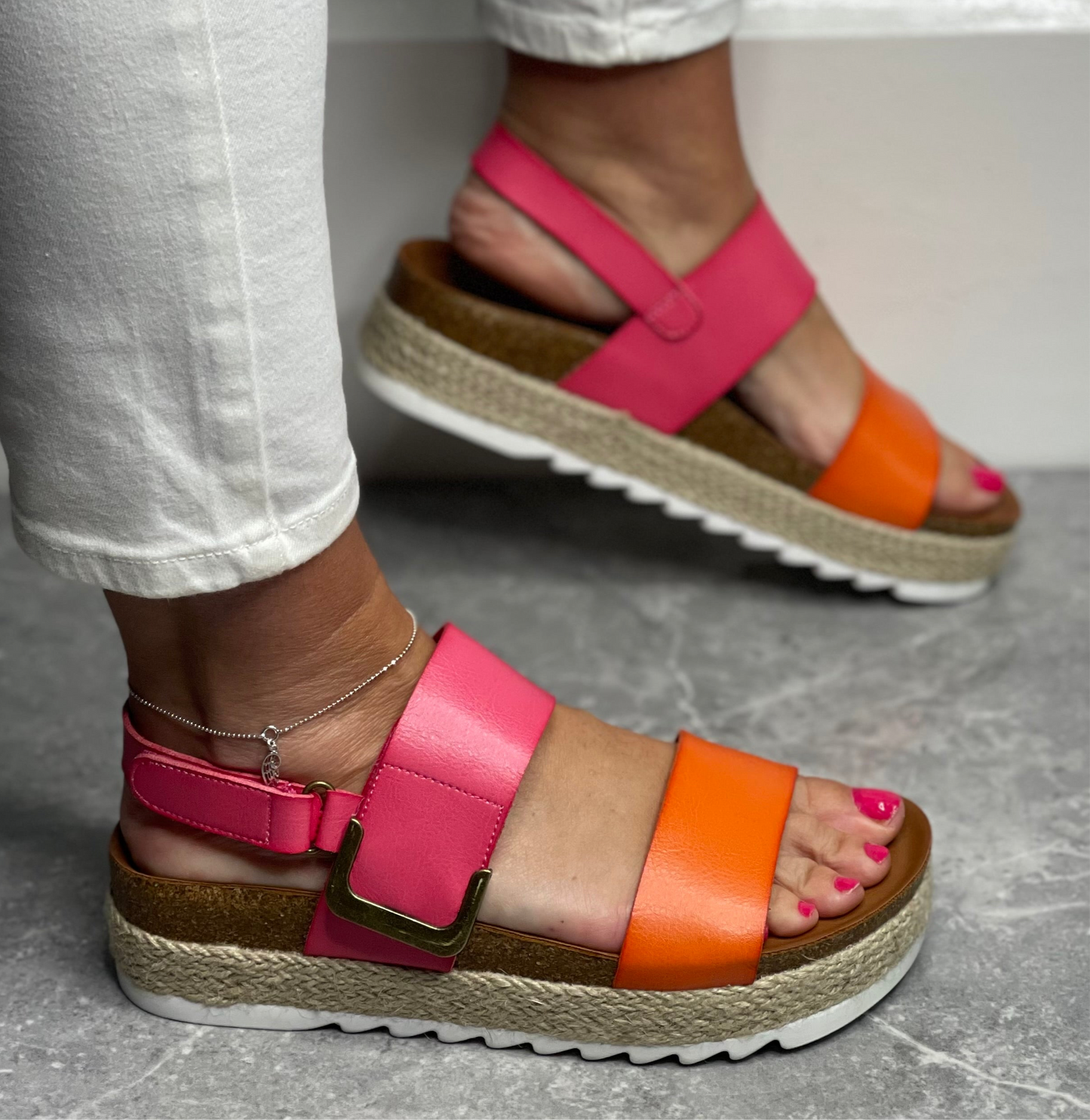 Lunar - 'Deanna 2' Pink/Orange Velcro Strap Sandal