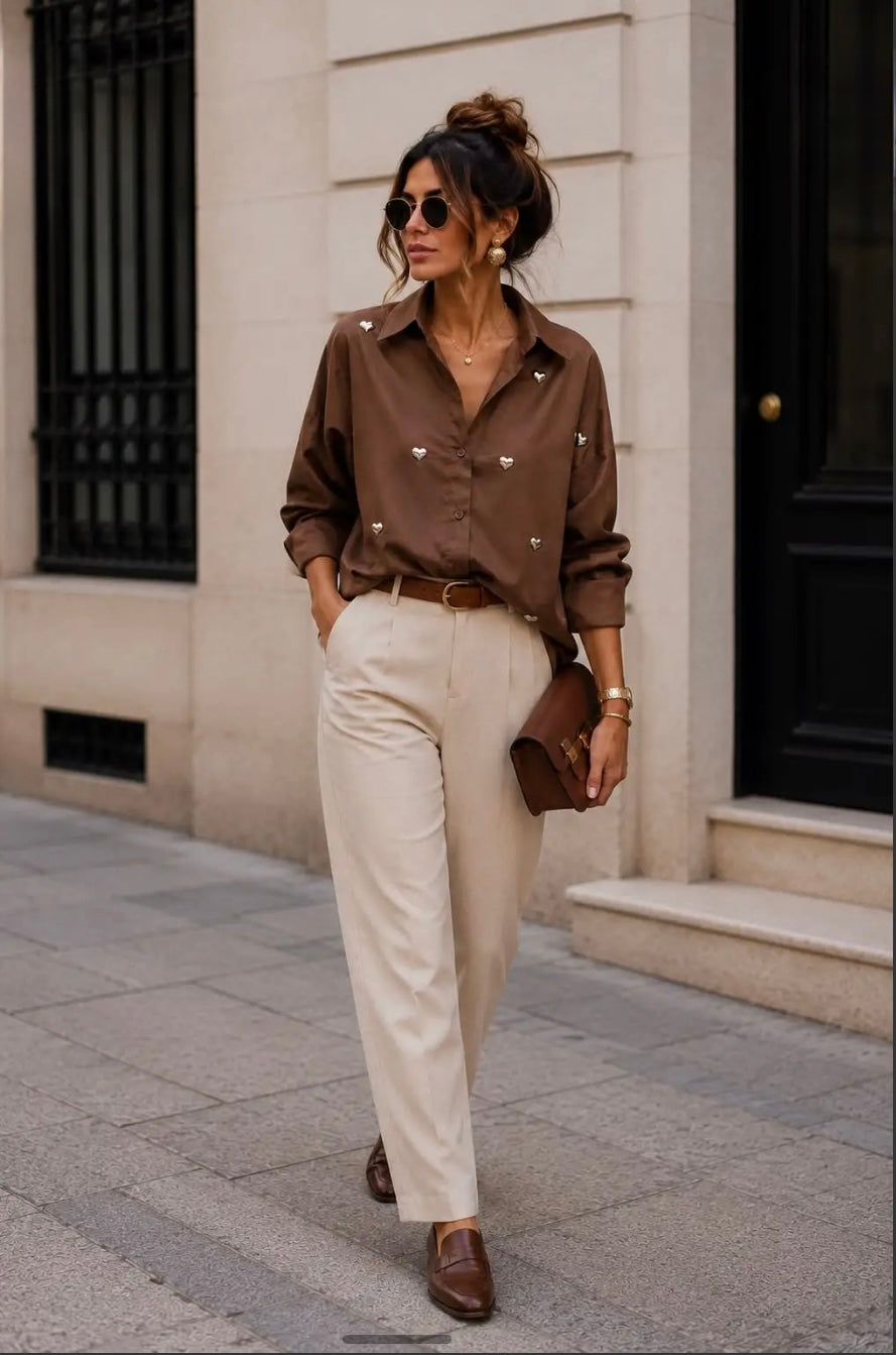 Brown Metallic Heart Detail Shirt