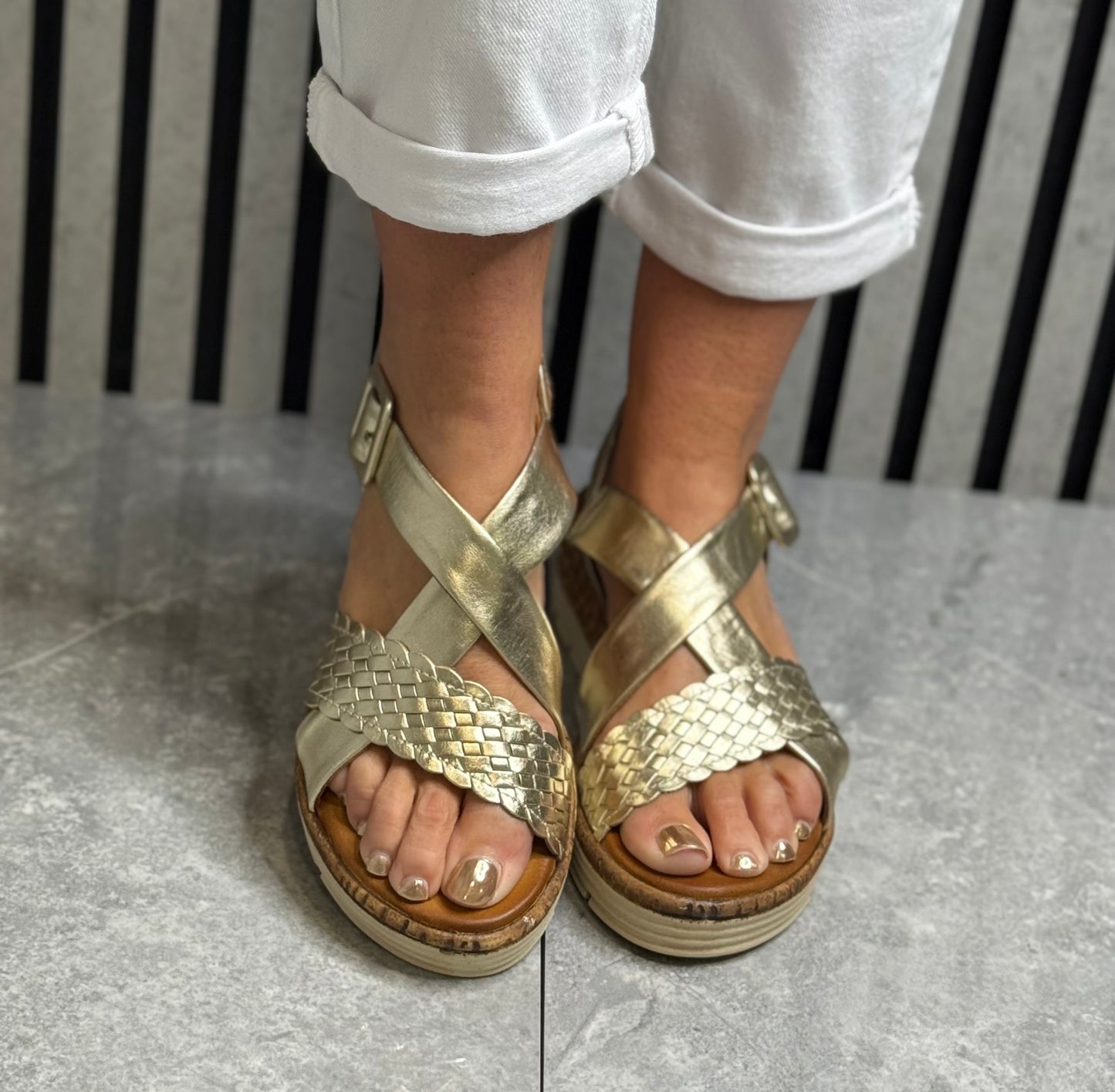 Modella - ‘Leah' Gold Metallic Wedge Leather Sandal