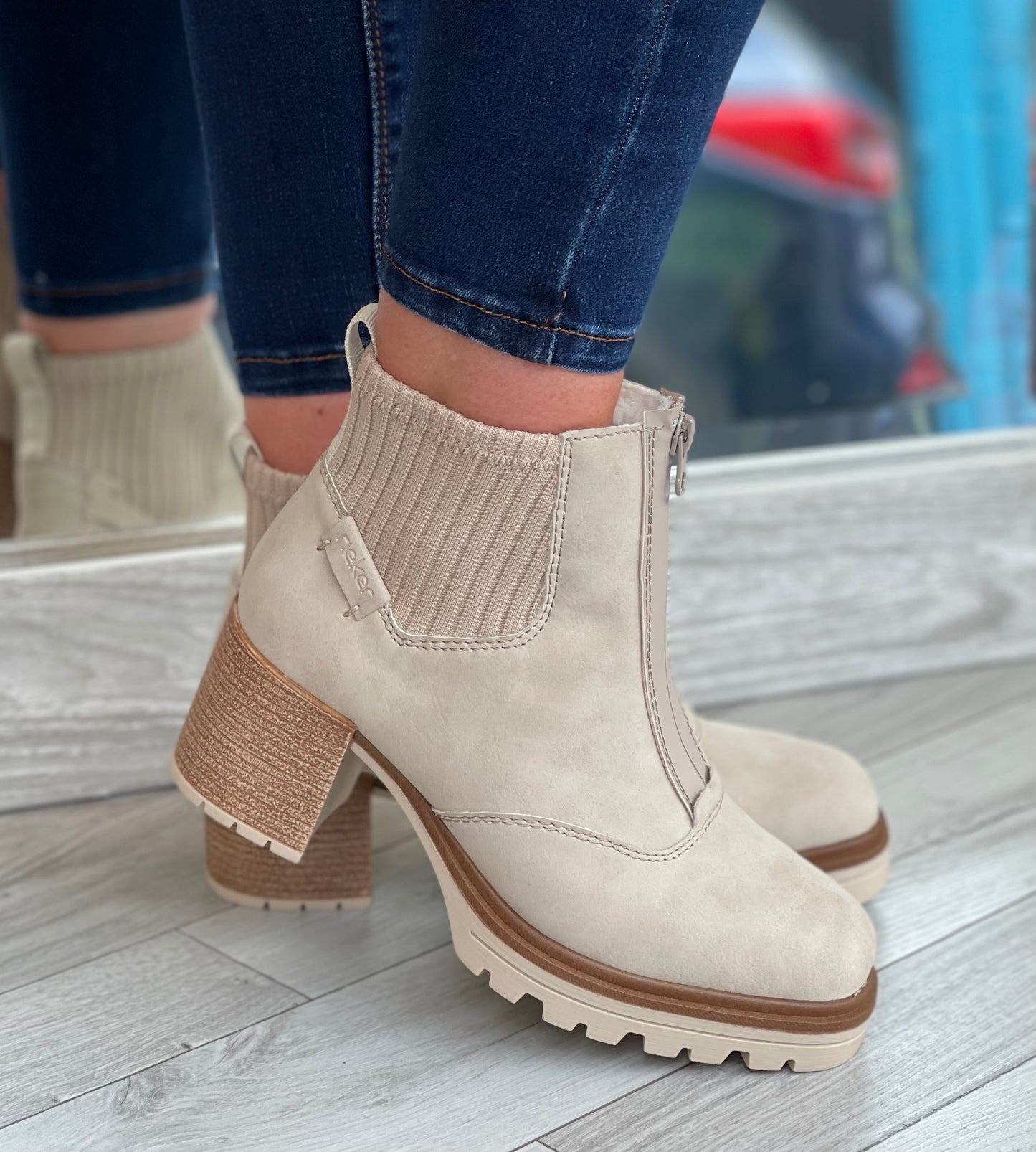 Rieker - Beige Front Zip Lined Block Heel Boot