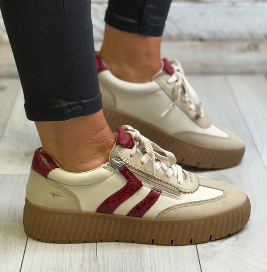 Tamaris Comfort - Beige/Red Side Zip Leather Trainer
