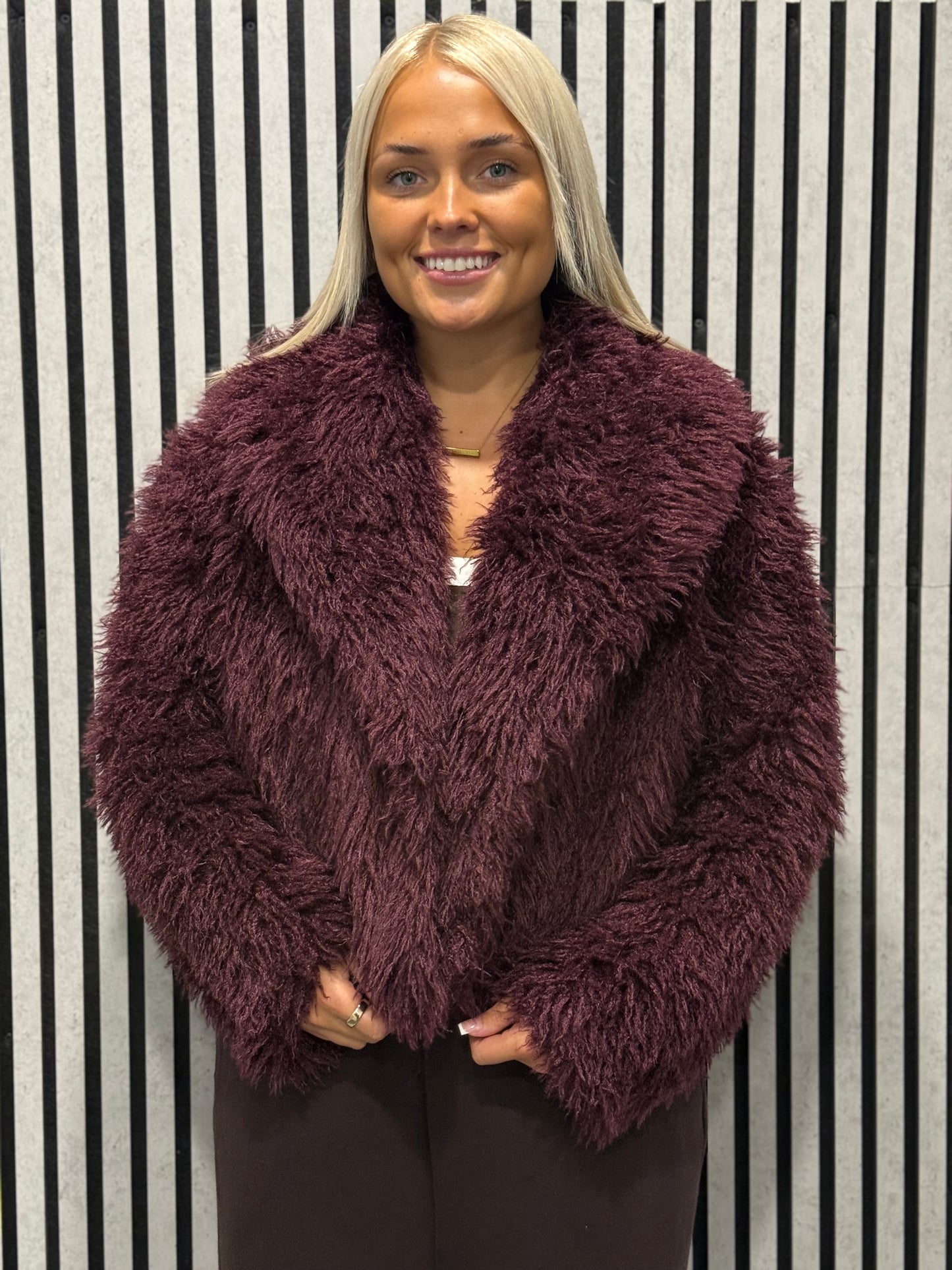 Wine Shaggy Faux Fur Short Jacket