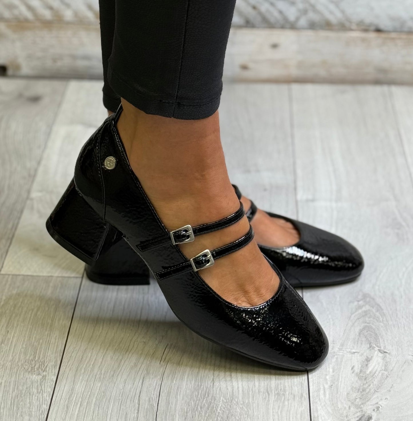 Xti - Black Patent Strap Block Heel Shoe (144255)