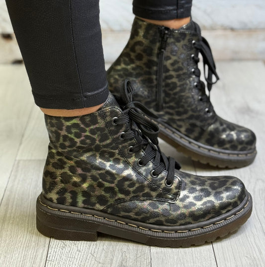 Rieker - Black/Gold Metallic Leopard Print Boot