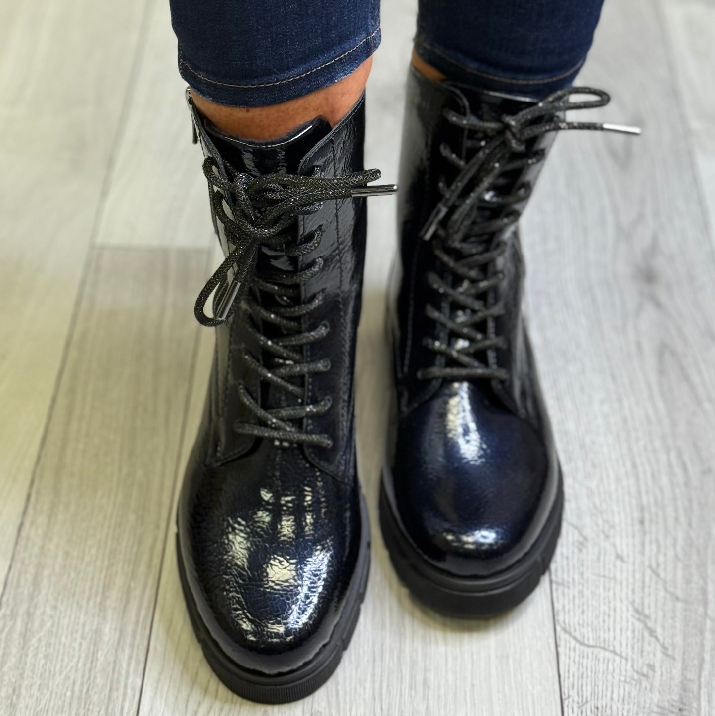Remonte - Navy Patent Side Zip Boot