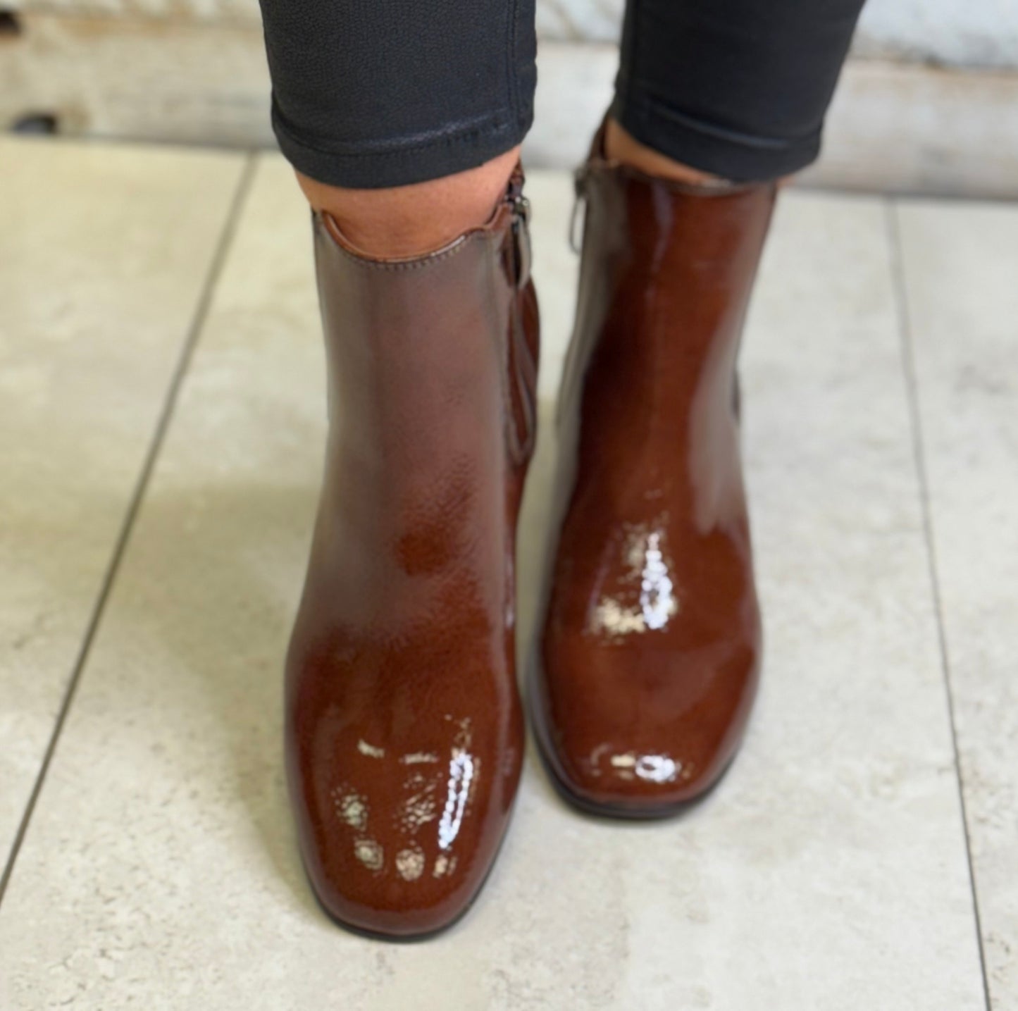 Tamaris - Cognac Patent Block Heel Boot