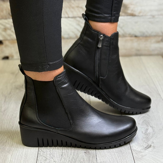 Lotus - 'Dresden' Black Leather Wedge Boot