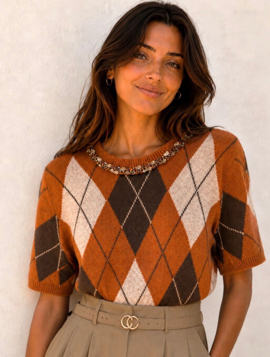 Rust/Brown Argyle Jewelled Neck S/S Knit