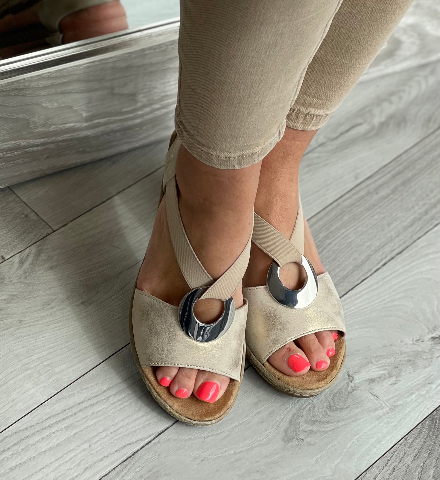 Rieker - Beige Metallic Wedge Sandal