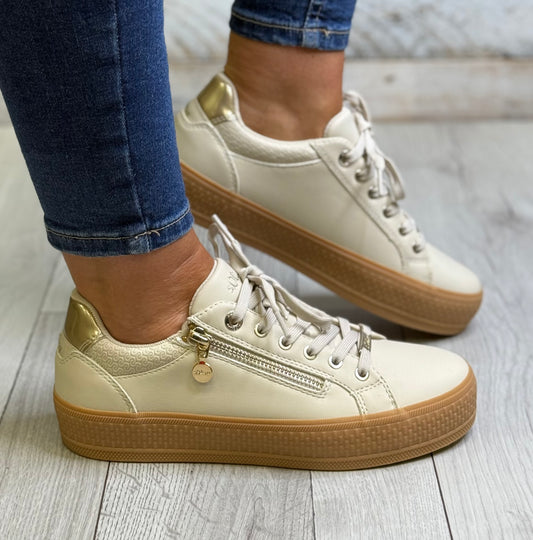S Oliver - Cream/Gold Side Zip Trainer