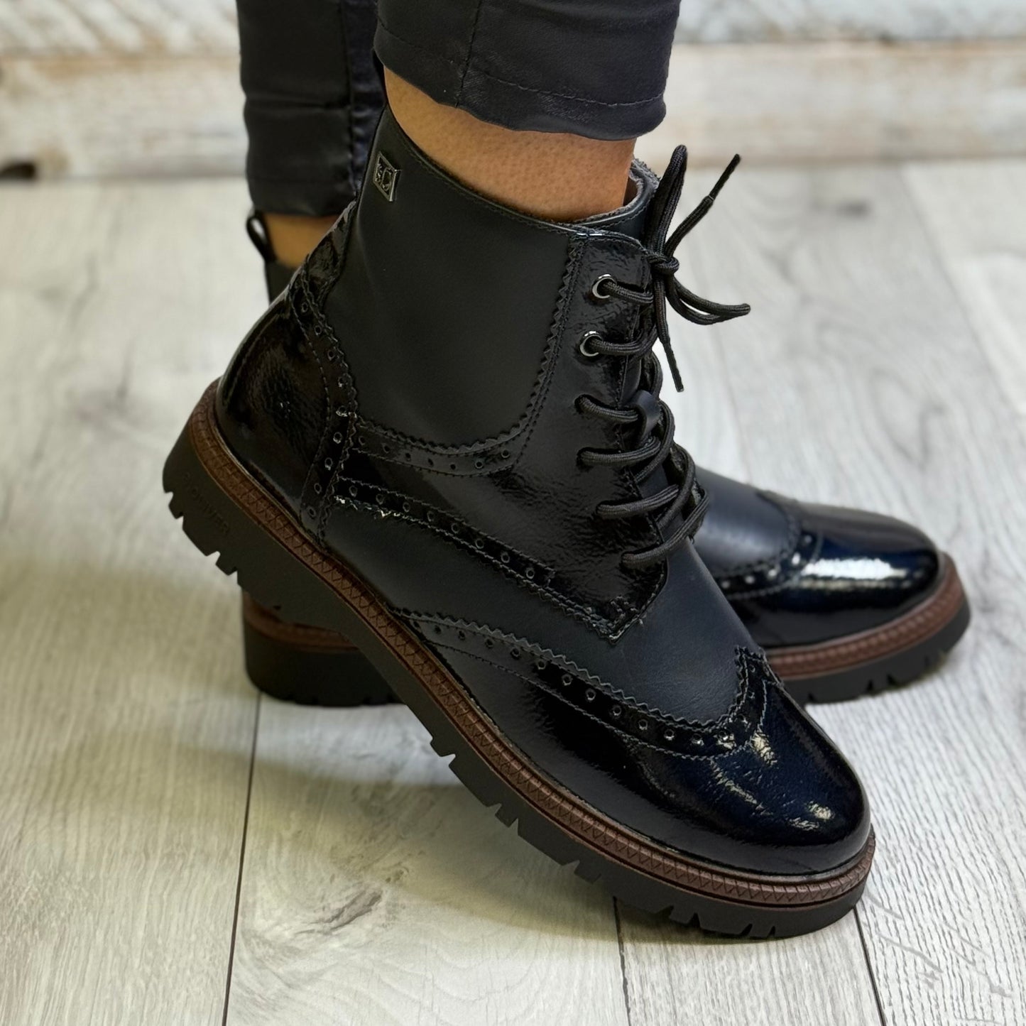 S Oliver - Navy Patent Detail Brogue Boot