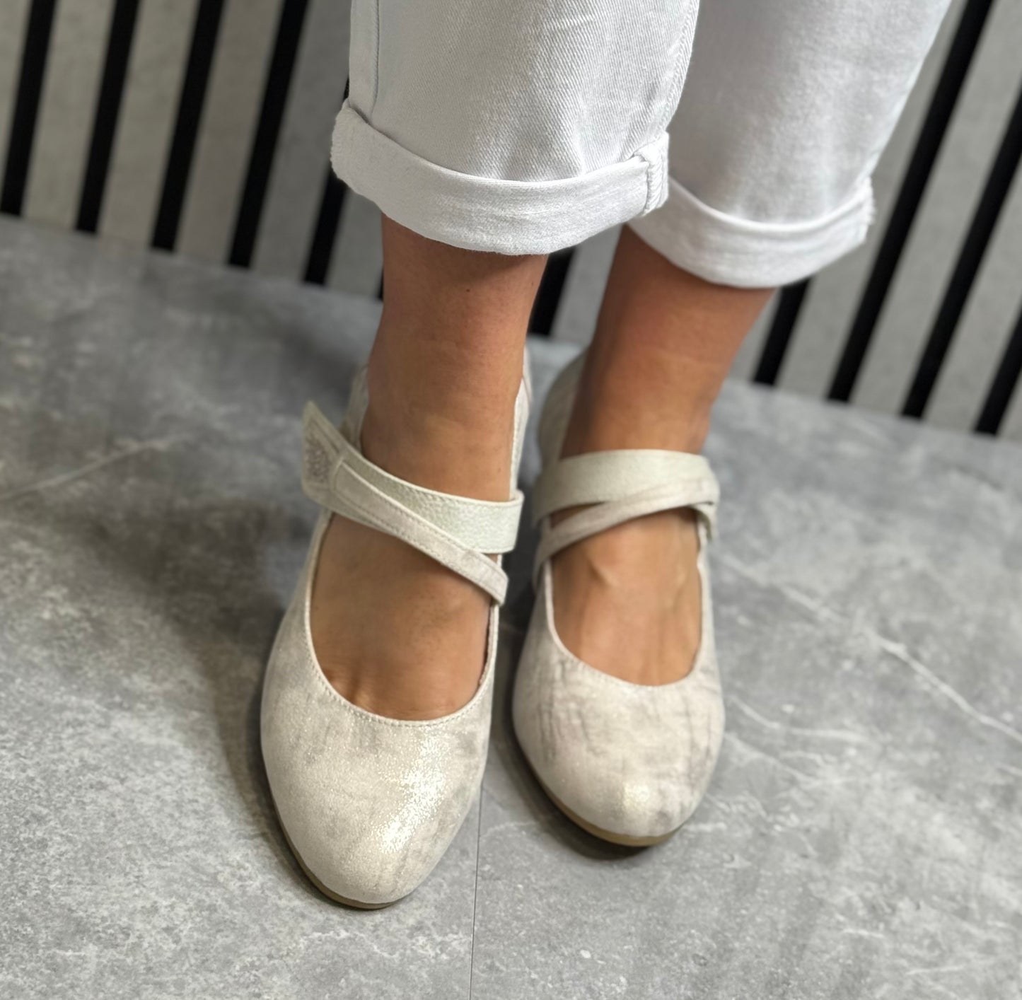 Jana - Beige/Gold Metallic Strap Shoe